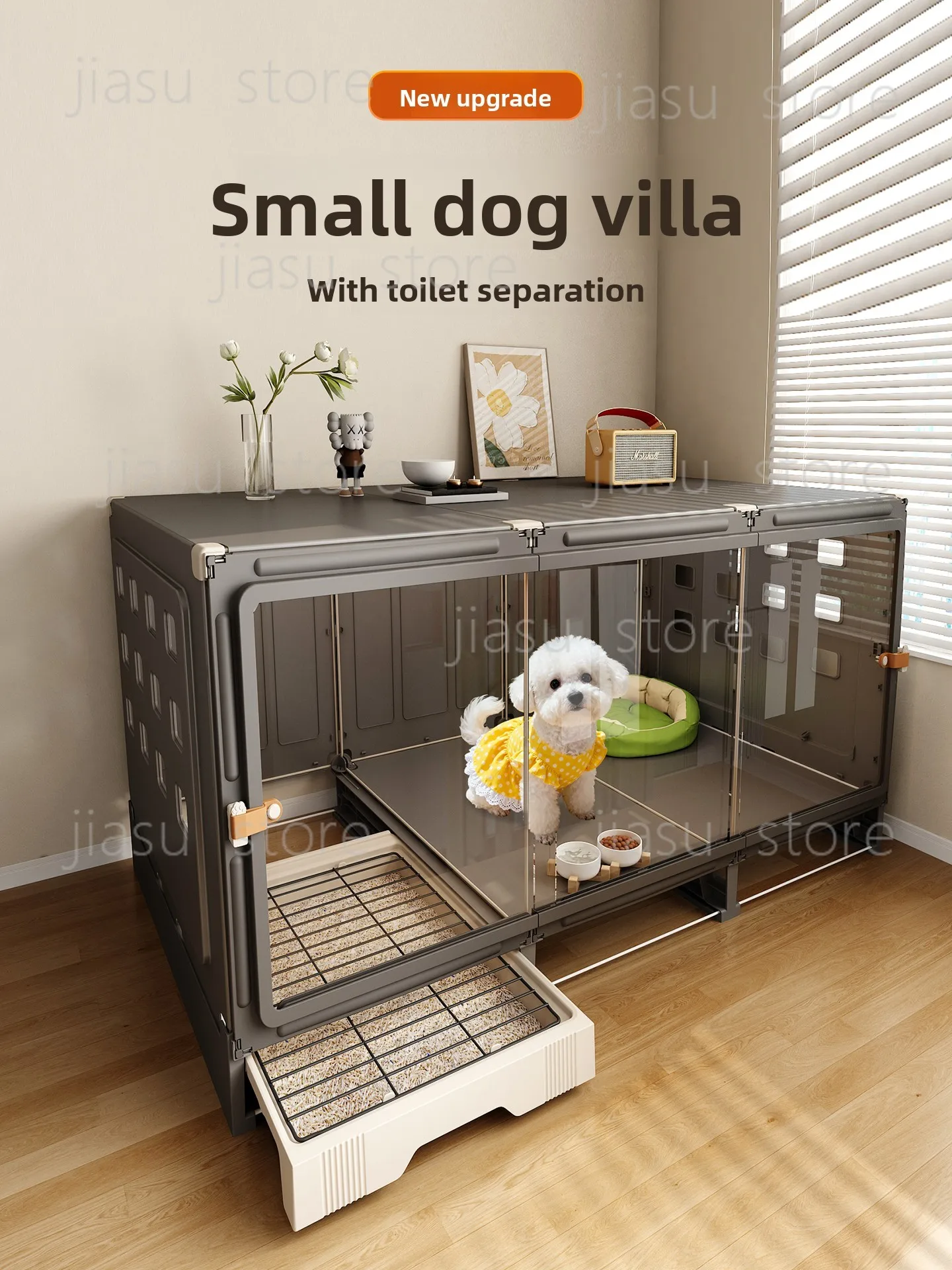 

Small dog with toilet, separated dog cage, one bedroom, one living room, one bathroom, new dog bed for small dogs