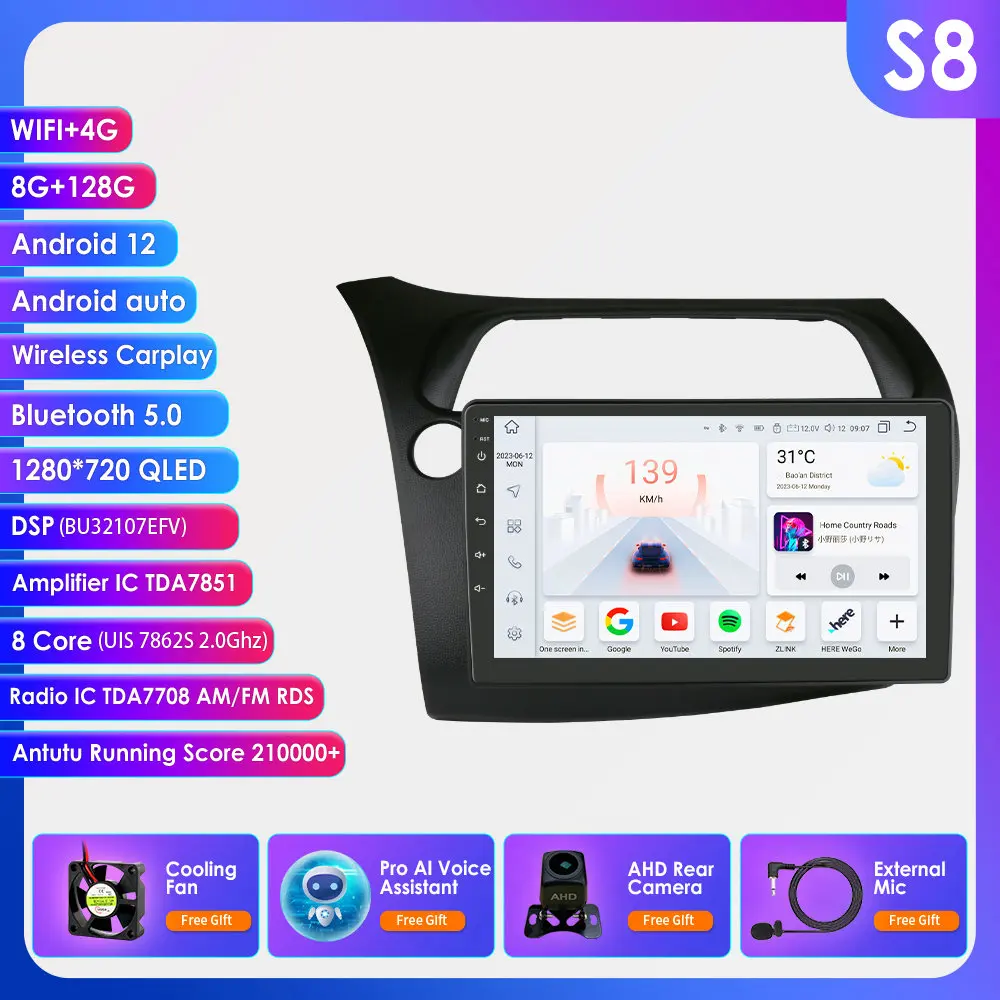Android13 Autoradio Voor Honda Civic Hatchback 2005-2011 Auto Multimediaspeler Draadloze Carplay 4G-Let 2din Autoradio 360Camera