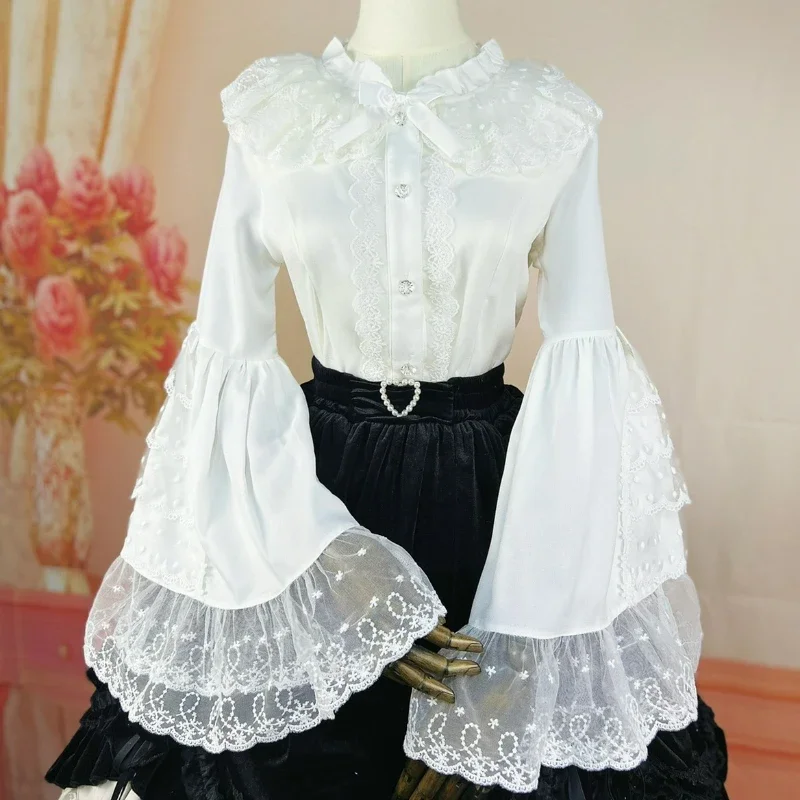 

Gothic Style Lolita Shirts Women Vintage Elegant Lace Embroidery Ruffles Collar Slim Tops Flare Sleeve Blouse 2025 Hot Sale