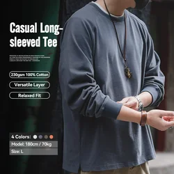 Maden Solid T-shirts Men's Retro Cotton College Casual Vintage Long-sleeved Tee Candy Color Sports Basic Tops Bottoming Pullover