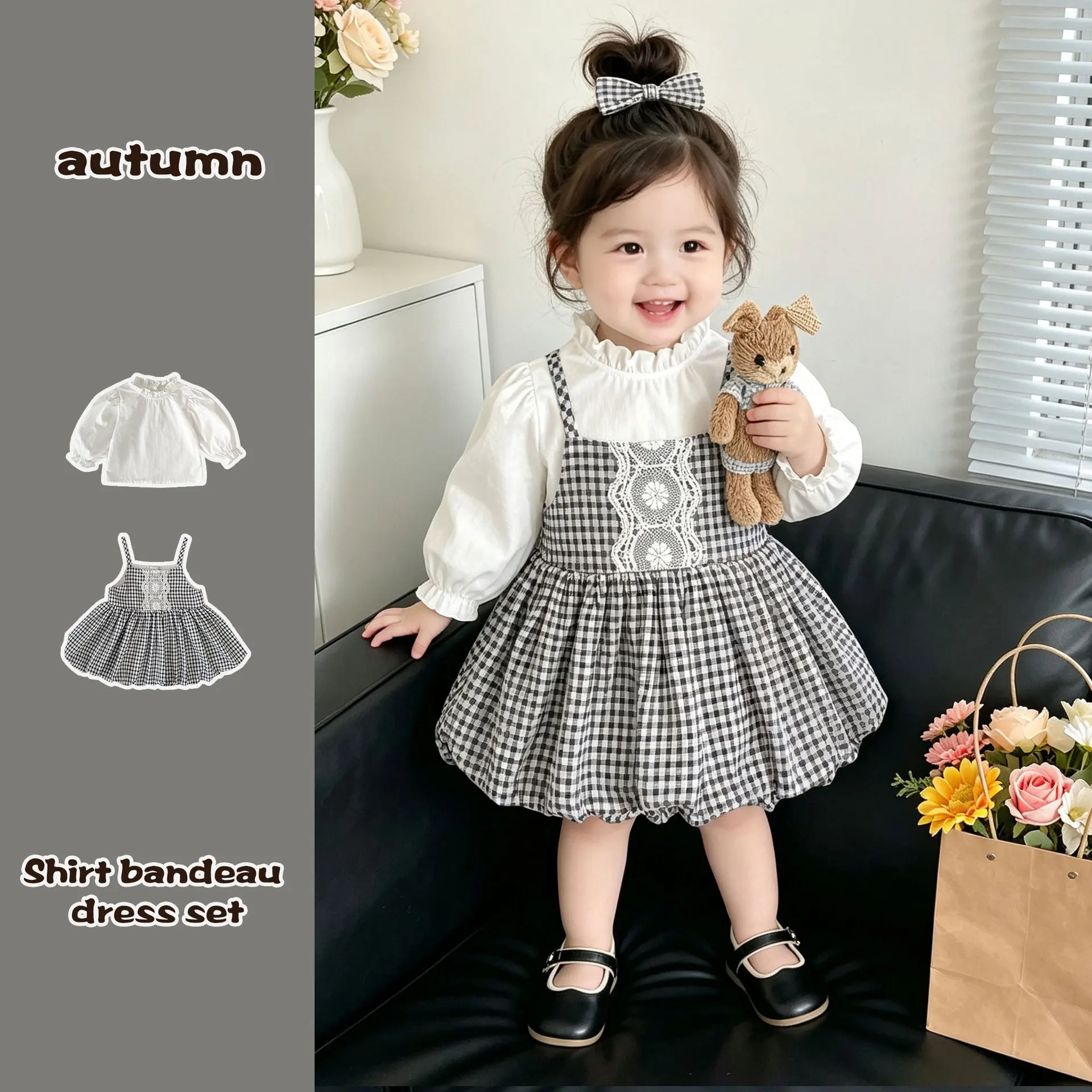 2026-new-girls-korean-plaid-2pcs-set-lace-trim-jumper-dress-long-sleeve-shirt-cute-outfit