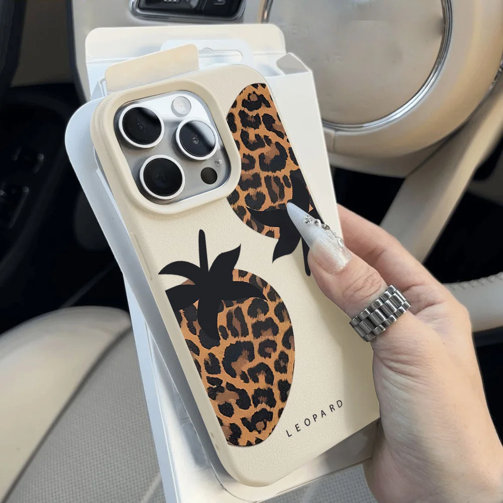 Leopardenmuster Erdbeere Leder Handyhülle für iPhone 17 Pro Max 11 16 15 12 13 14Plus Air Soft stoßfeste Silikonhülle Funda