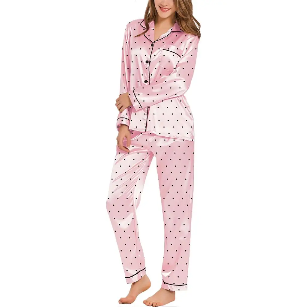 HEZIOWYUN Women's 2Piece Satin Dot Print Loungewear Pajamas Set Long Sleeve Lapel Neck Shirt Tops +Elastic Waist Pants Sleepwear