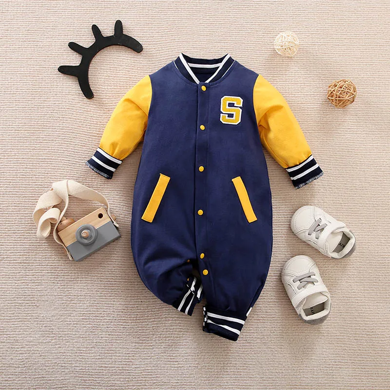 

Baby Boy Romper Letter S Patch Long Sleeve Jumpsuit Newborn Baseball Collar One Piece Outfit Toddler Casual Clothes 0-18M