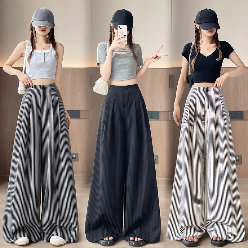2025 neue Vintage Gestreifte Baumwolle und Leinen Hohe Taille frauen Breite Bein Hosen Taste Gerade Lose Volle Länge Hosen weibliche