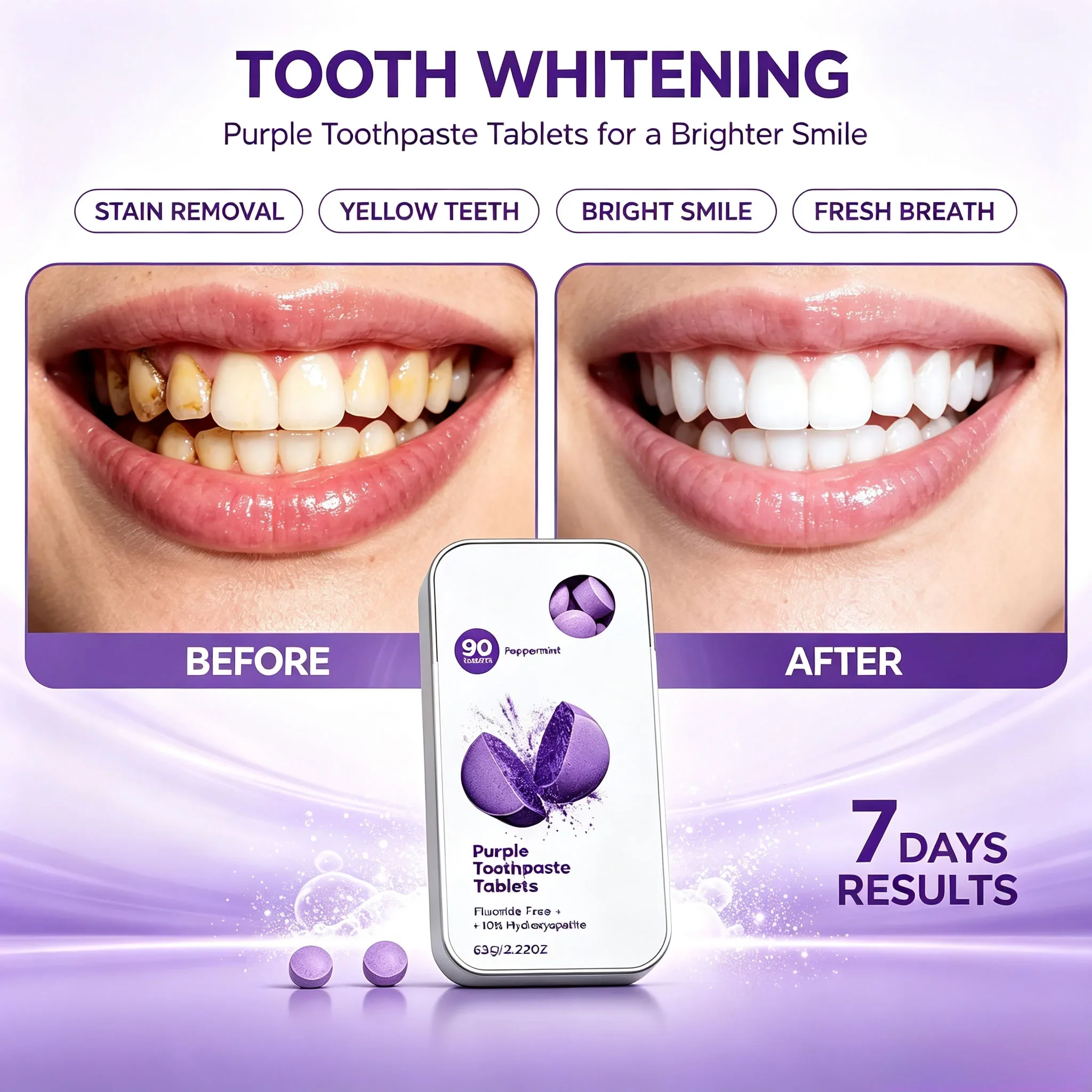 Free Purple Toothpaste Tablets with 10% Hydroxyapatite, Fresh Breath Chewable Tooth Tabs for Daily & Travel Oral Cleaning