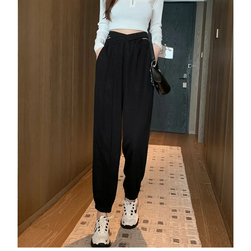 

Black Cross High Waist Drawstring Sweat Pants Fashion Pocket Straight Wide Leg Pants Street Casual Baggy Mopping Trouser Ladies