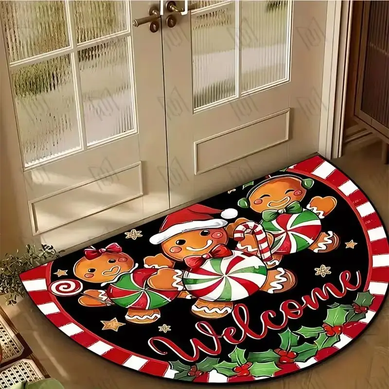 VIKAMA Gingerbread Man Welcome Mat Semicircle Christmas Doormat Candy Cane Holly Berries Front Door Porch Rug Winter Decor