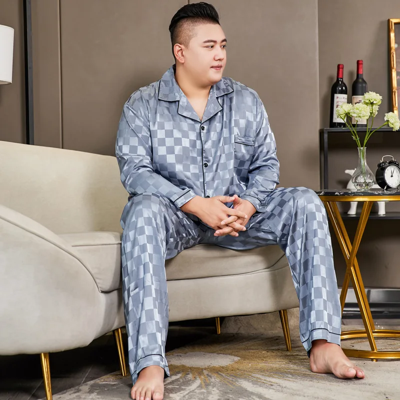 Plus Size 5XL 130kg Men\'s Silky Satin Pajamas Sets Casual Home Clothes For Male Big Leisure Nightgown Sleepwear Pyjamas Suit