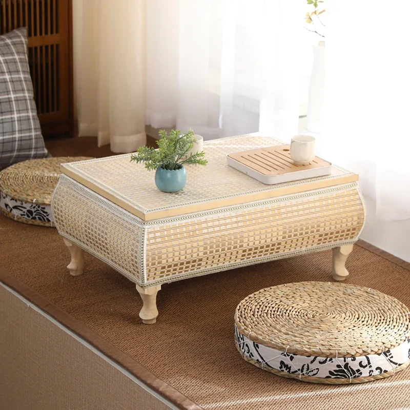 طاولة قهوة منسوجة من حصير التاتامي مصنوعة من الخشب الصلب، طاولة عتبة النافذة لغرفة النوم، طاولات شاي يابانية منخفضة الجلوس، طاولة تاتامي مصنوعة يدويًا #2