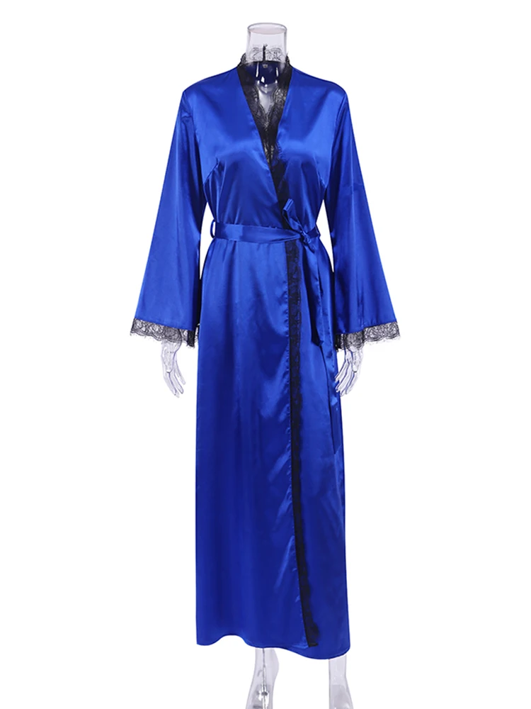 Hiloc Lace Spliced Long Robes Women Satin Sleepwear Long Sleeves Bathrobe Female Nightgown Sexy Bathrobes Night Dress Home Wear