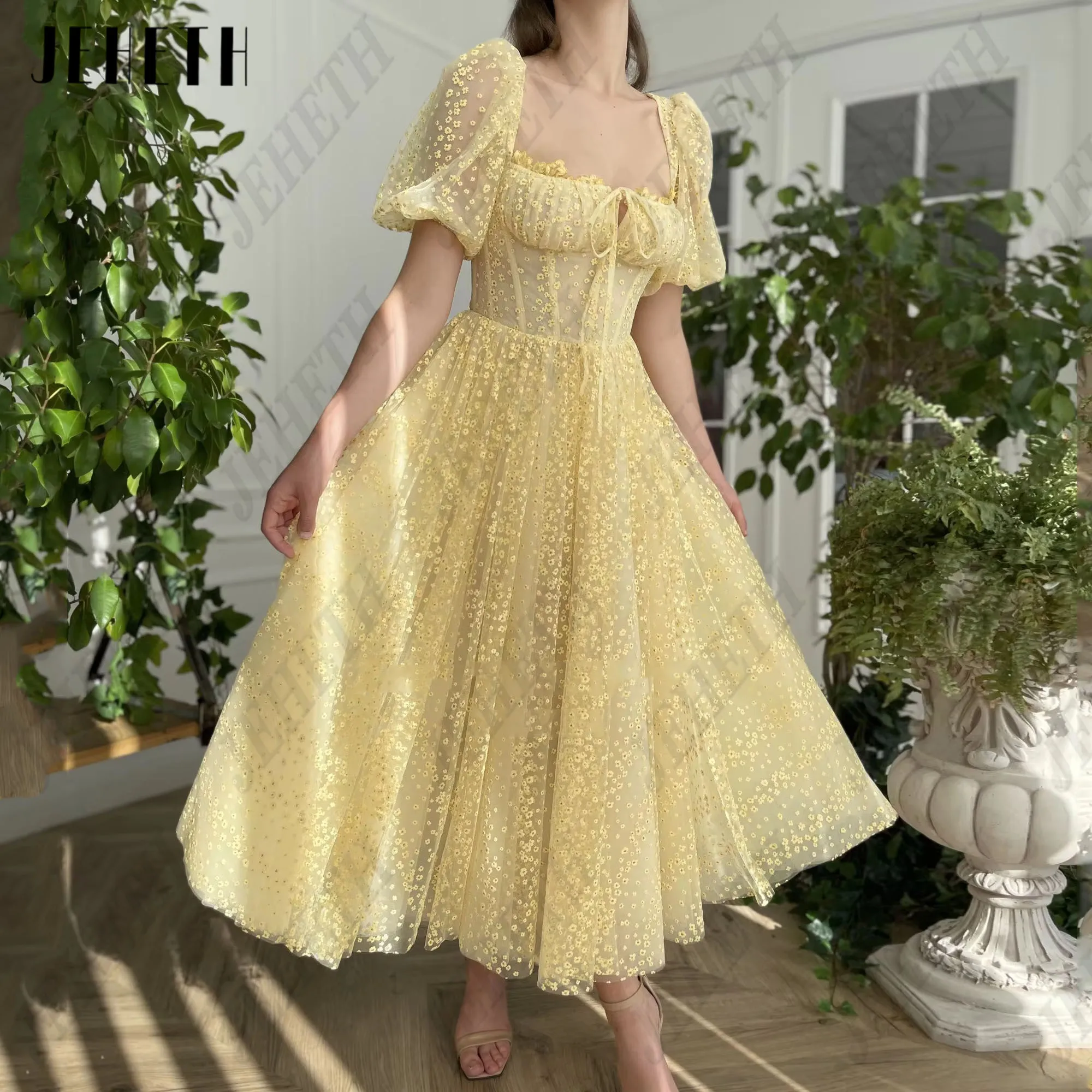 

JEHETH Pastrol Sweetheart Prom Dress For Woman Short Puff Sleeves A-Line Embroidery Party Gowns Ankle Length Vestidos De Gala