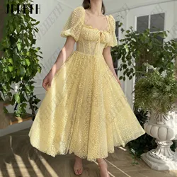 JEHETH Pastrol Sweetheart Prom Dress For Woman Short Puff Sleeves A-Line Embroidery Party Gowns Ankle Length Vestidos De Gala