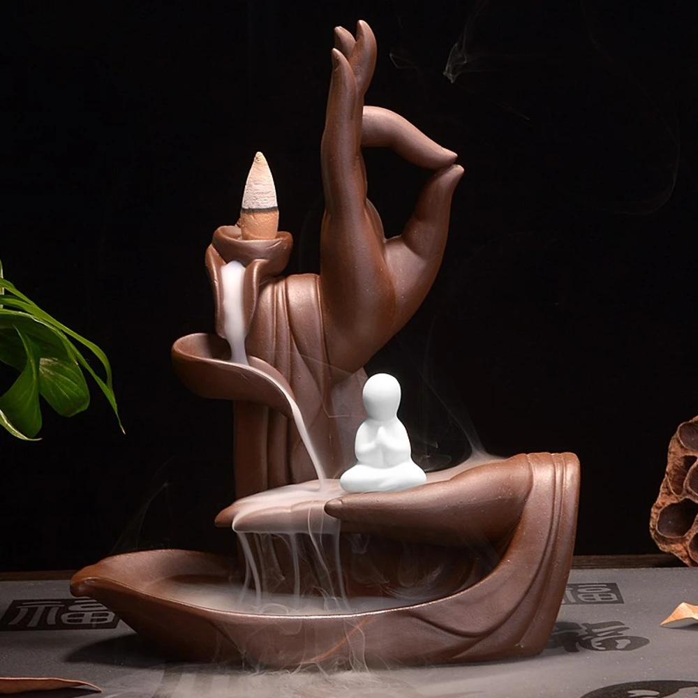 

Backflow Incense Burner with 5 Incenses Buddha Hand Feng Shui Elegant Lotus Smoked Incense Burner Holder Home Vintage Decoration