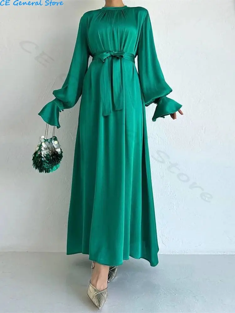 Eid Fashion Satin Abaya Dubai Luxury Muslim Abayas For Women Kaftan Dress Islam Clothing Caftan Marocain Robe Femme Musulmane