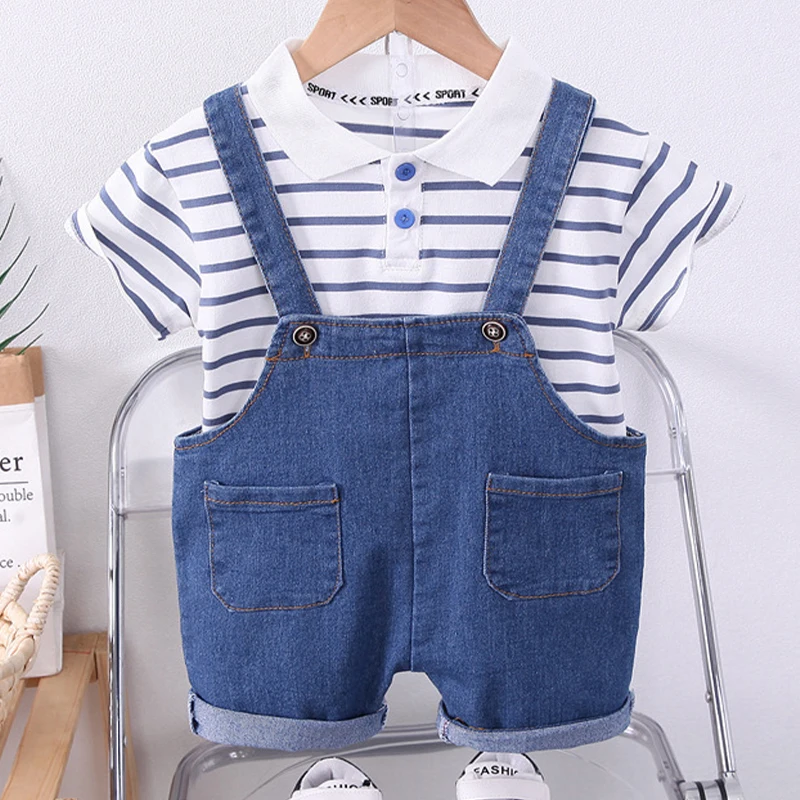 2Piece 2025 Summer Toddler Boy Outfits Korean Fashion Stripe Short Sleeve Tops+Denim Overalls Baby's Sets Newborn Clothes BC110
