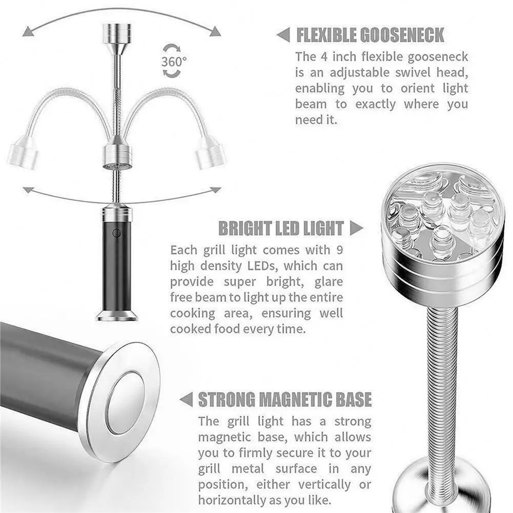โคมไฟบาร์บีคิว LED 2ชิ้นปรับคอห่านยืดหยุ่นได้360องศาไฟตะแกรงย่างบาร์บีคิวกลางแจ้งไฟทำงานสำหรับตั้งแคมป์