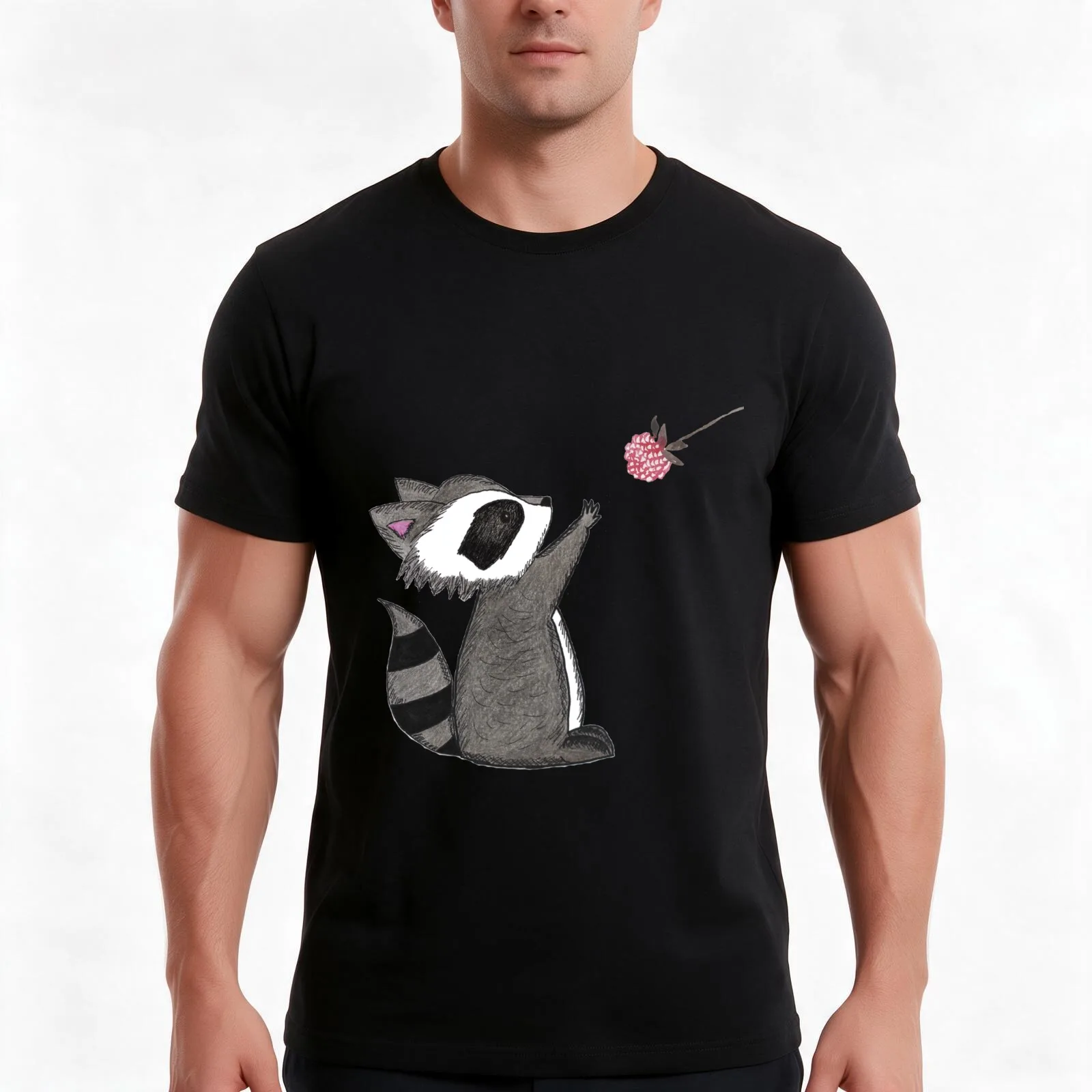 Just keep reaching. Raccoon & Raspberry T-Shirt, Summer Casual Cotton Tee, Oversized Streetwear Tops, Vintage Graphic Print