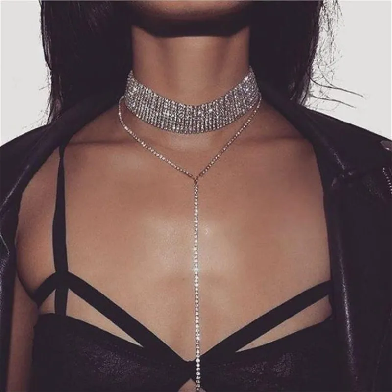 Luxury Crystal Choker Necklaces for Women Statement Trendy Rhinestone Chunky Neck Accessories Fashion Jewelry