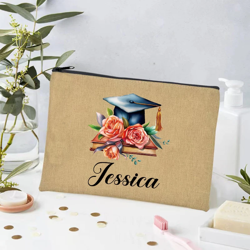 Customized Student Gifts Makeup Bag To Classmates Bachelor Cap Printing Large Capacity Eco Linen Cosmetic Organizer Handbags