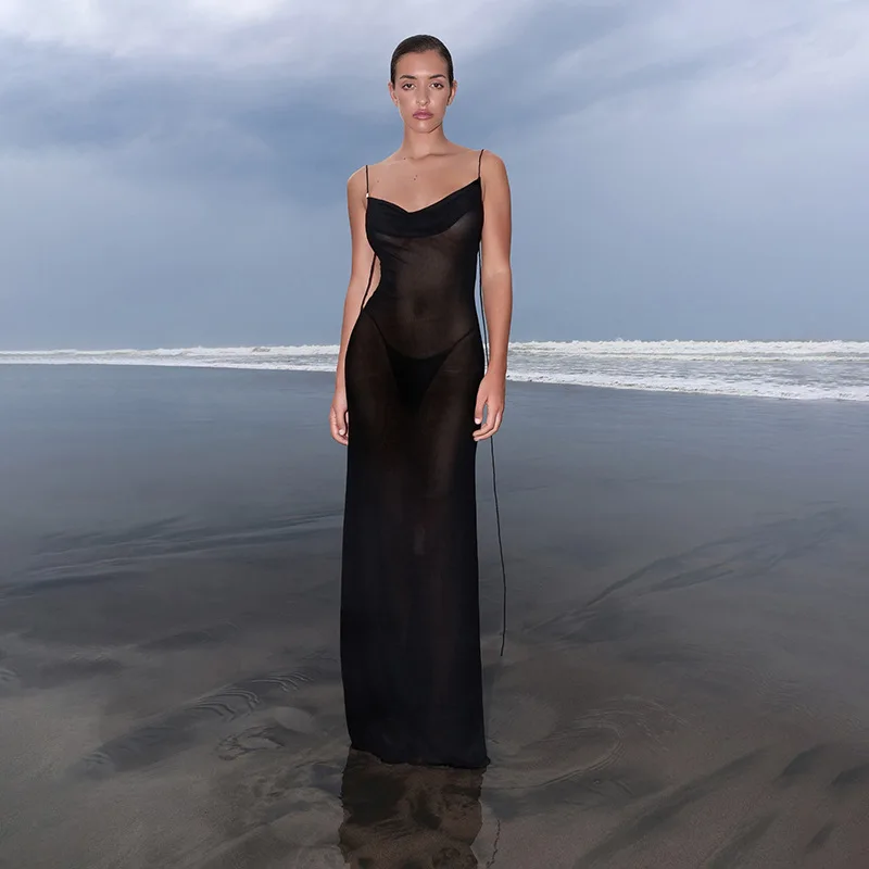 Solide Mesh Durchsichtig Strand Strap Kleid 2025, Sommer Neue Sexy Backless Hohe Taille Hüfte Wrapping Vestidos Cover Up