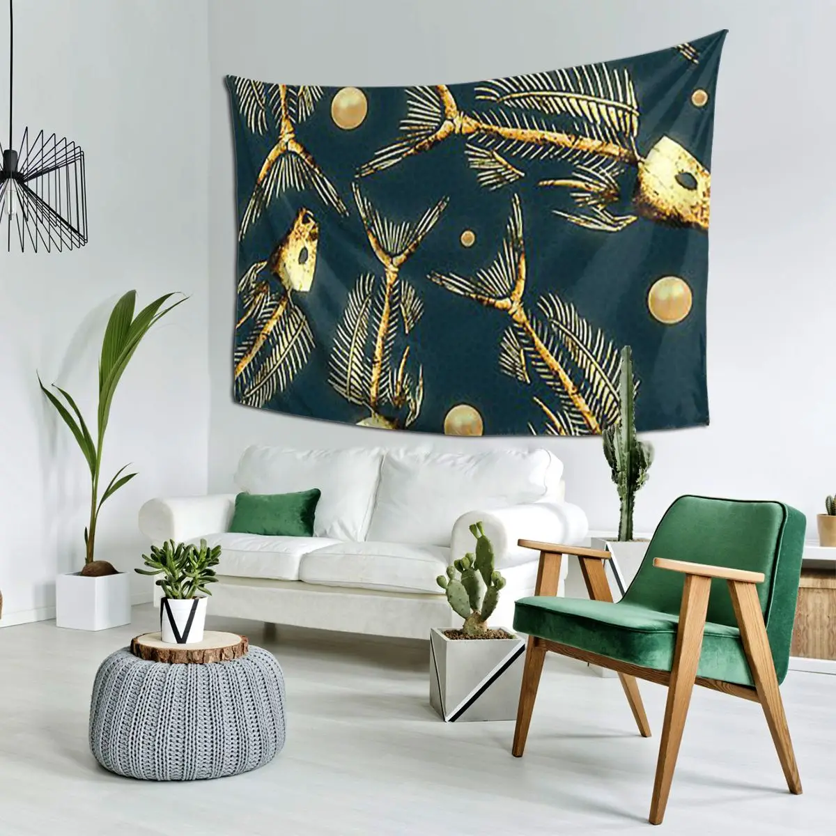 Golden Fish Skeletons Tapestry Art Wall Hanging Aesthetic Home Decor Tapestries for Living Room Bedroom Dorm Room