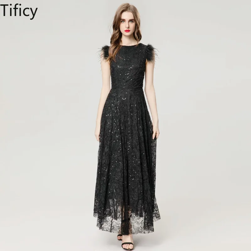 

High Quality 2024 Spring and Summer New Women's Round Neck Ostrich Sleeve Black Lace Stapled Sequin Dresses Long Dresses