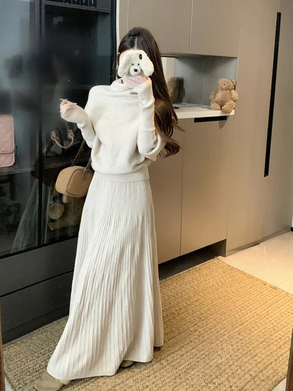 

Ele Simple Faionable Two-Piece Set Women's Semi-High Collar Knitted Sweater Draped Dr Luxury Sle Autumn Winter