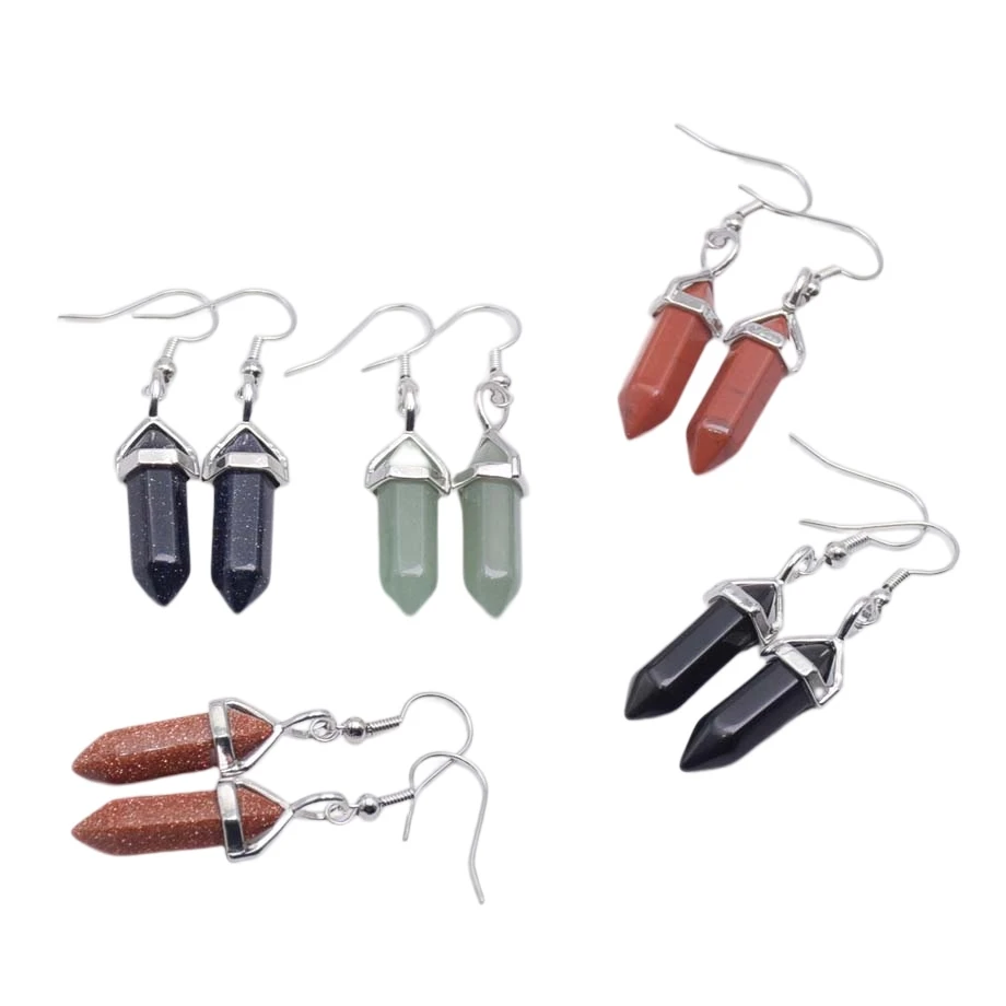 New Hexagonal Reiki Natural Amethysts Aventurine Stone Bead Drop Earrings Bicone Faceted Hook Women Earring Decoration Jewelry