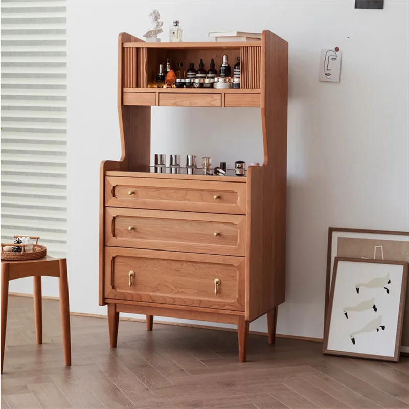 Mesa de maquiagem nórdica medieval, personalizável, nogueira preta, quarto, moderno, madeira de cerejeira, armário de armazenamento de parede integrado