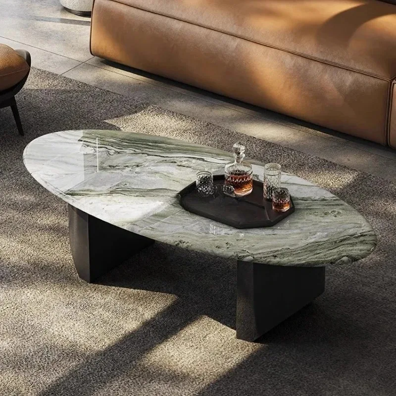 HHNatural Marble Coffee Table Household Oval High-end Tea Table