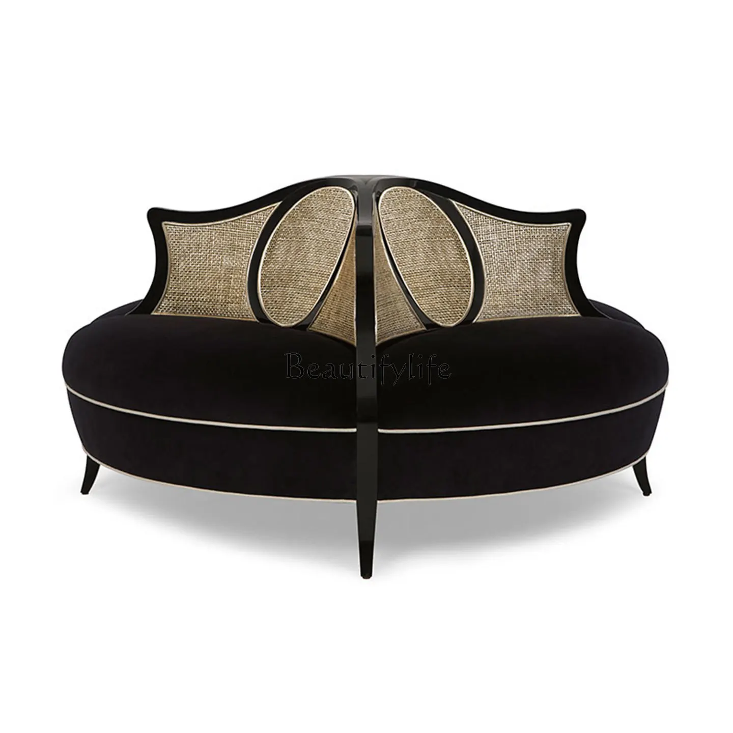 

*American carved solid wood braided rattan double-sided sofa French retro studio meeting lobby