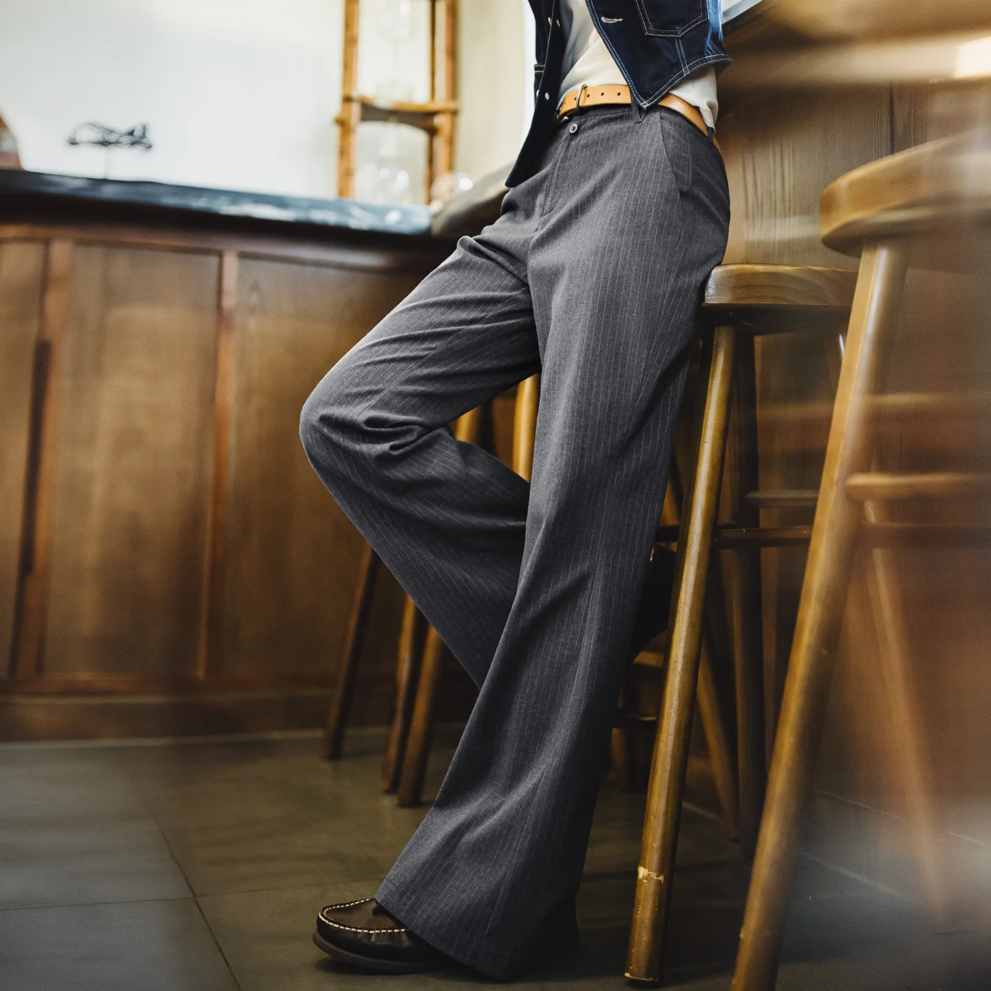 Maden Women's Retro Old Money Style Flared Pants Grey Striped Thin Draped Texture Formal Business Casual Summer Female Trousers
