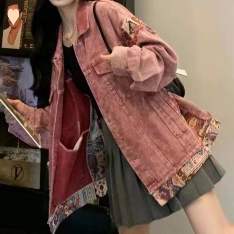 

Vintage American Patchwork Denim Sweet Cool Jacket New Spring and Autumn Loose Casual Design Cargo Jacket Couple Top