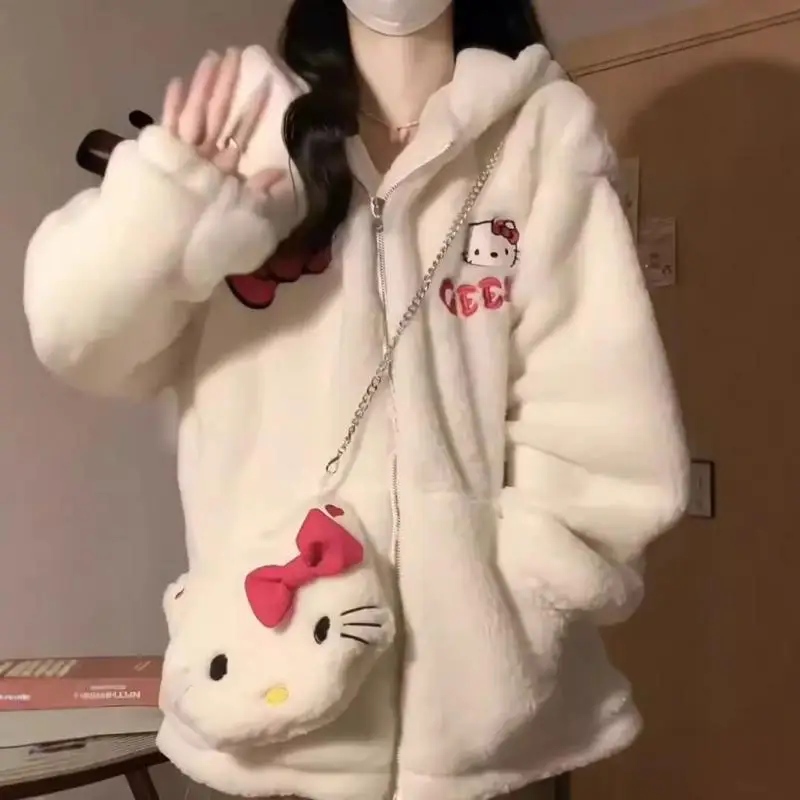 Heiße Kawaii Sanrios Hellokitty Mit Kapuze Sweatshirt Mädchen Herbst Winter Nette Lose Strickjacke Verdickt Paar Casual Vielseitige Jacke