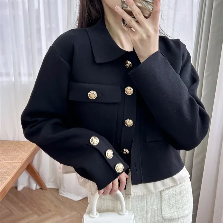 

Women Black Jacket Fake Two Pieces Single Breasted Turn-down Collar Long Sleeve Fashion Autumn Winter Coat