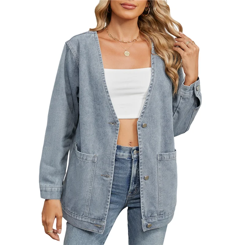 

AA01-Women Fall Fashion Button Down Denim Cardigan Jackets Trendy V Neck Long Sleeve Jean Winter Coat Outerwear
