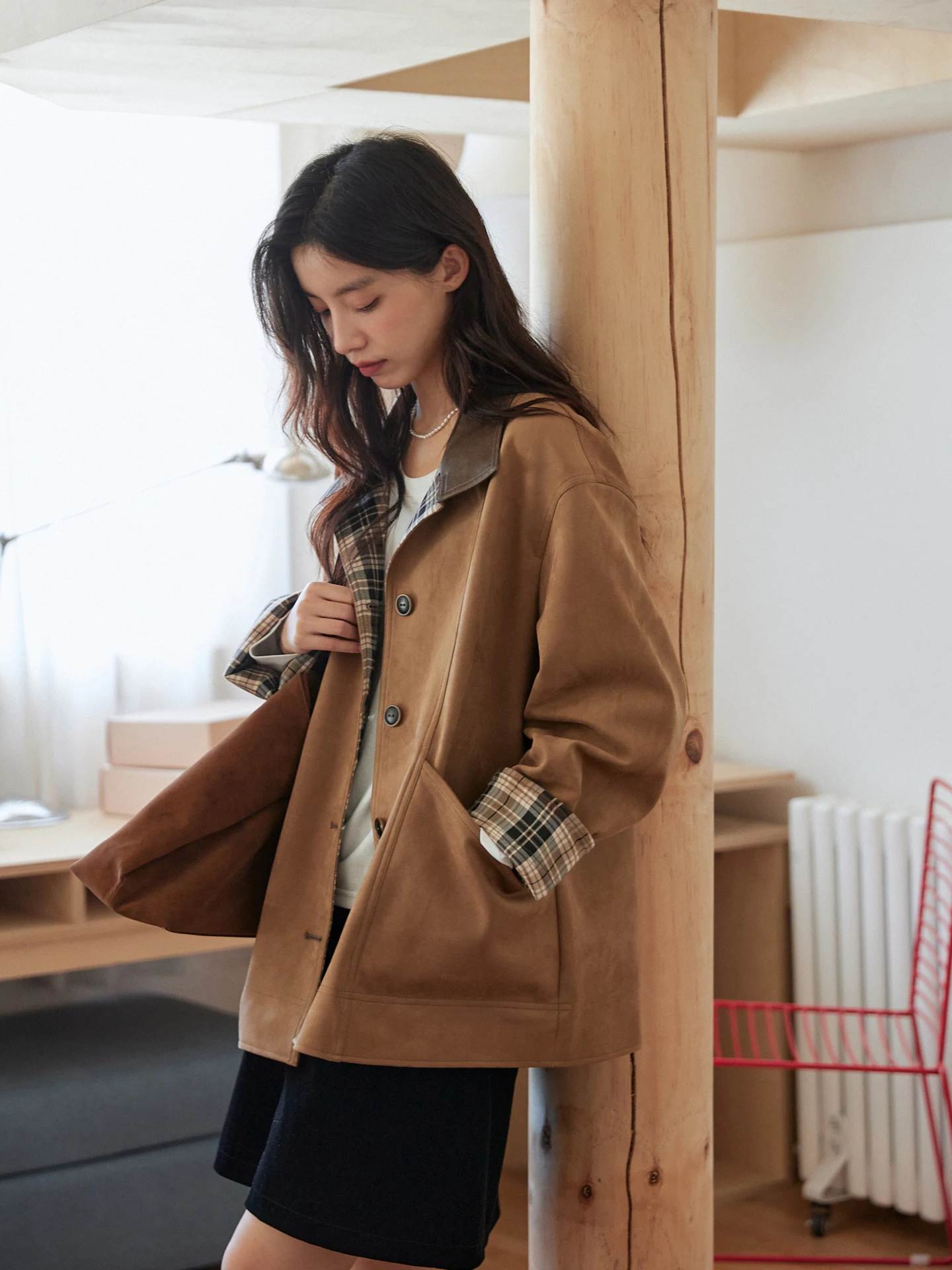 

MIXABO Retro Color Blo Plaid Midi Length Women's Jaet Coat Suede Material Stand Collar Barn Sle Spring Autumn Outerwear