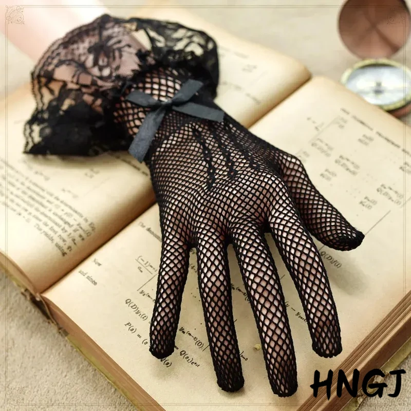 2026 Lolita Lace Hollow Out Gloves Women Ceremony Etiquette Mesh Thin Mittens Gothic Punk Sexy Glove Black White Soft Elastic