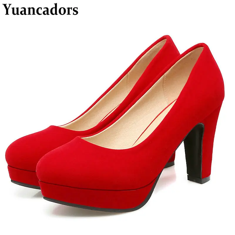 

Velour Velvet Open Toe Shallow Bride Black Red Women Shoes Pumps Party Thick Block 9cm High Heels Platform Stilettos Loafers