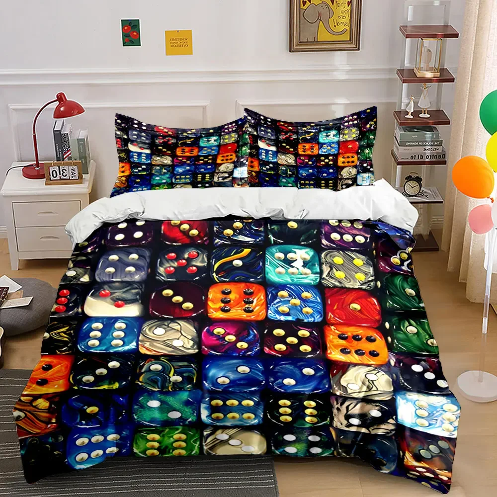 3Pcs Dice Pattern Bedding Set, Colorful Marbled Dice Print Duvet Cover + 2 Pillowcases, funny bedroom Decor