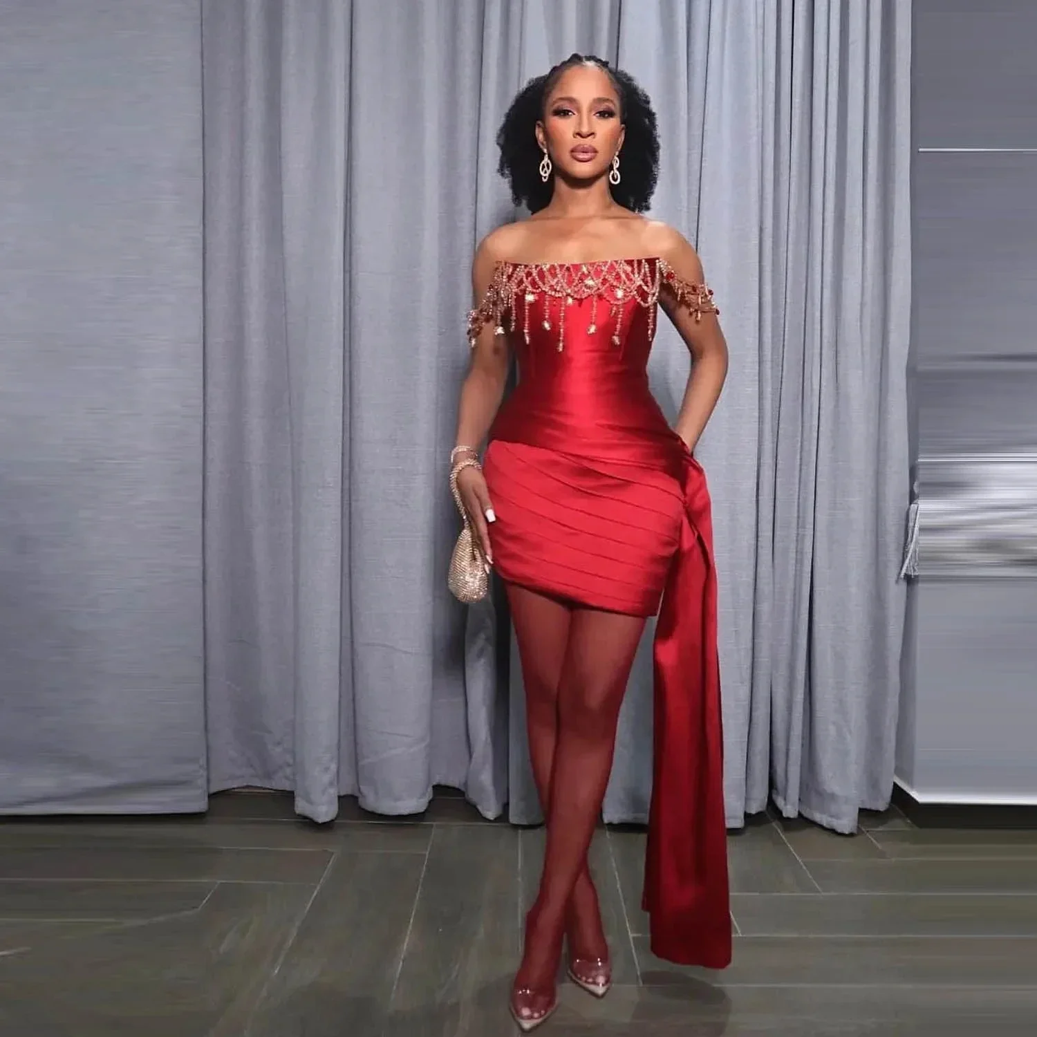 

2026 Sexy Red Satin Mini Evening Dress Off Shoulder Beaded Pleat Ball Dress Sexy Cocktail Party Dress Customization