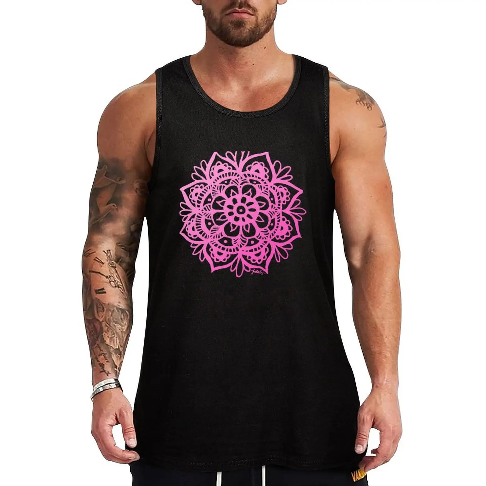 Bright Pink Mandala Flower Tank Top mens gym clothes Men's gym t-shirt