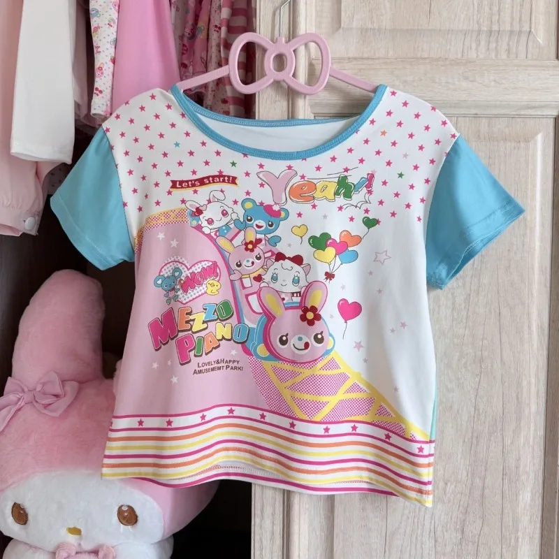 

HOUZHOU Blue Kawaii Juminocore T-Shirts Women Y2k Cutecore Striped Short Sleeve Japanese Style Tees Sweet Slim Cropped Tops