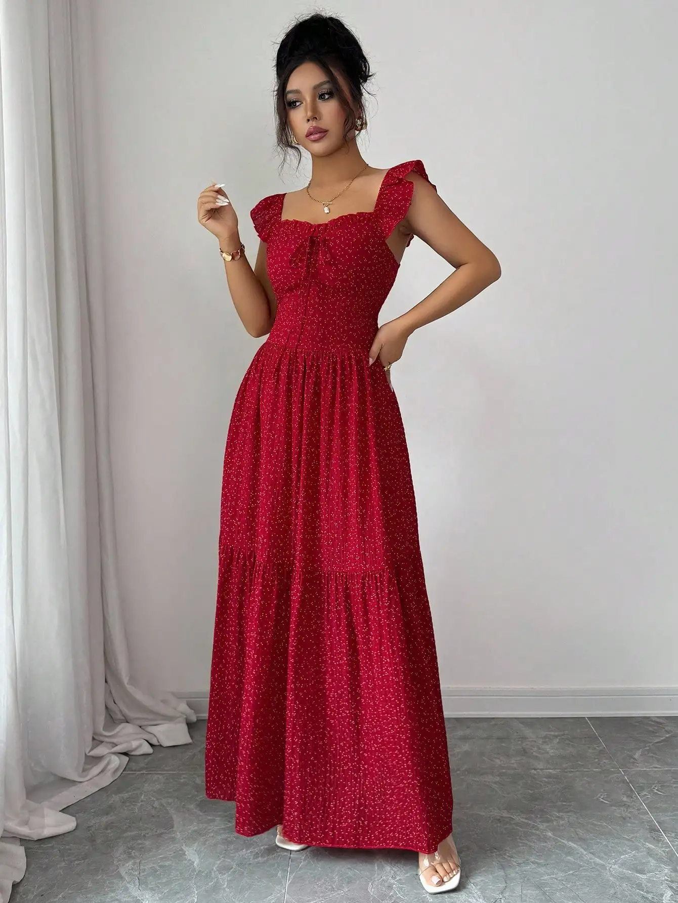 Vestido Maxi Vermelho com Poás para Mulheres, com Mangas em Camadas e Laço nas Costas, Estilo Elegante de Verão