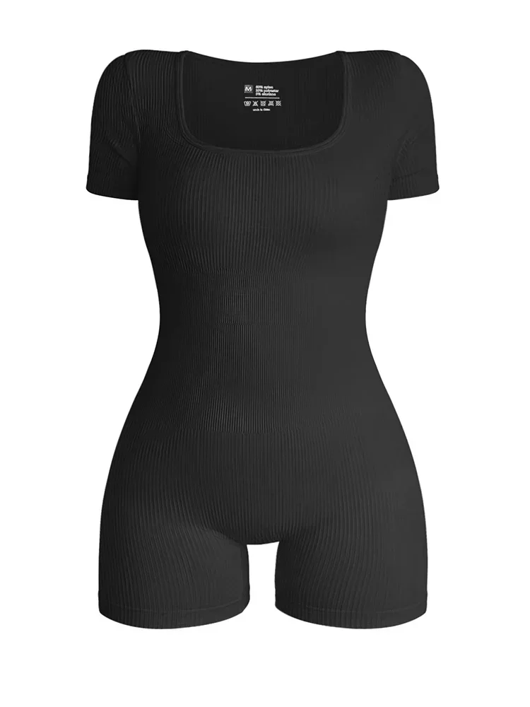 Nieuwe dames gymkleding trainingskleding bodysuits korte mouwen yoga sportkleding vierkante hals geribbelde jumpsuits uit één stuk