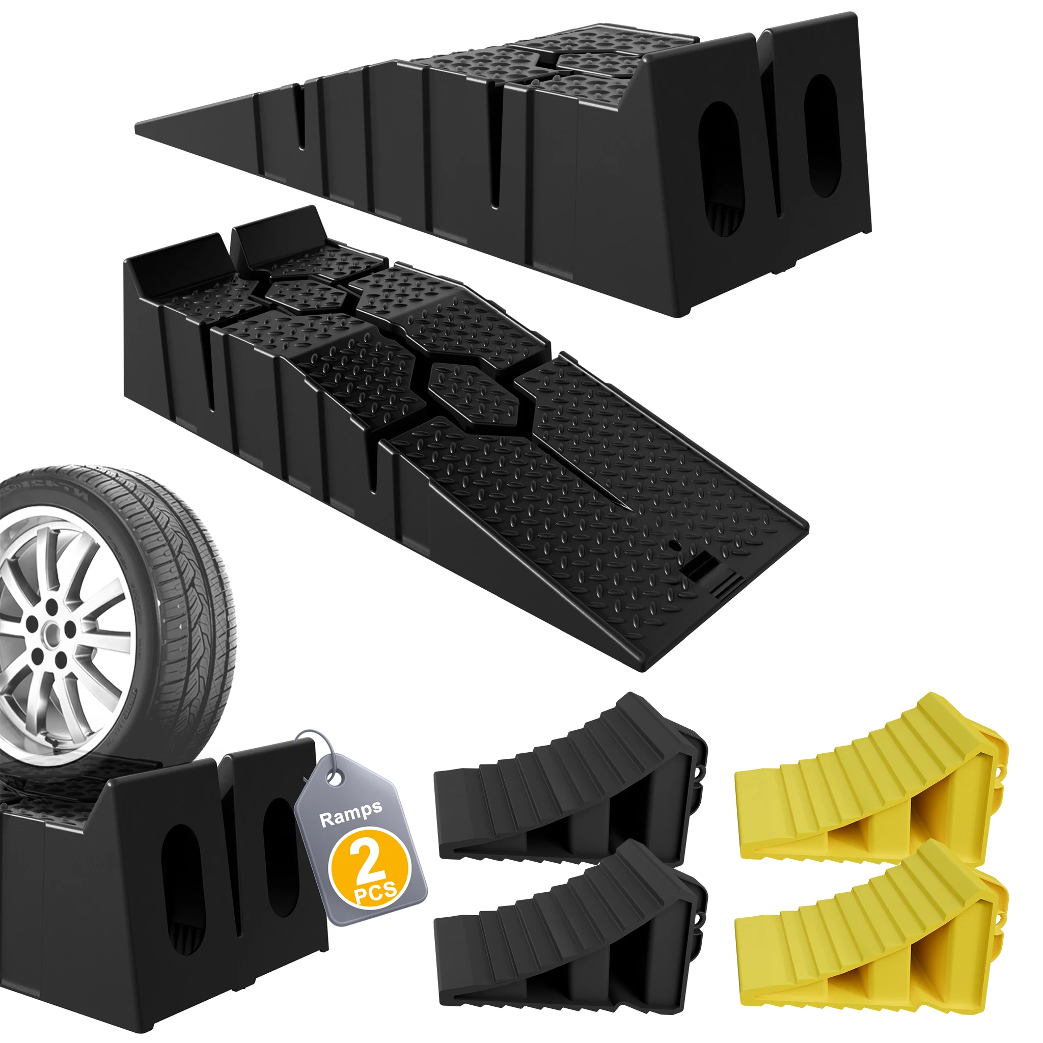 Set di 2 rampe di carico per auto, rampe robuste per auto con capacità di carico fino a 2,5 tonnellate, rampe universali per officine auto con 2 cunei, rampe di sollevamento in plastica per la
