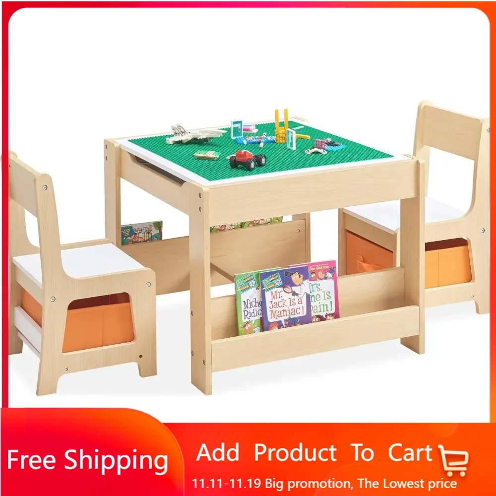 

Kids Table and Chair Set, 3 in 1 Wooden Activity Table with Bookshelves and Storage Drawer, 2 in 1 Detachable Tabletop