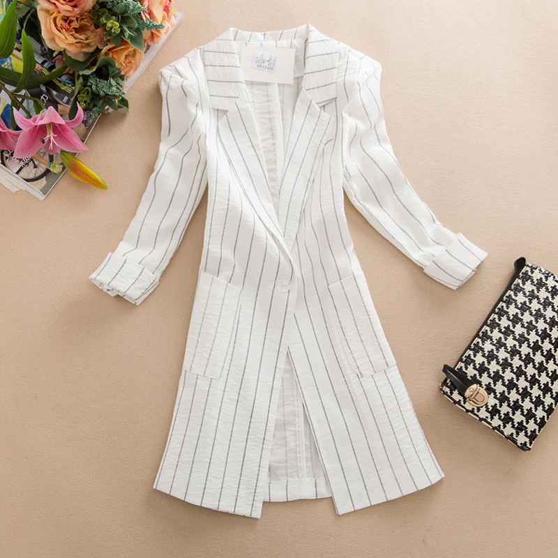 

Облегающее женское весенне-летнее тонкое повседневное полосатое пальто средней длины Sve Seven Button из чистого хлопка для поездок на работу