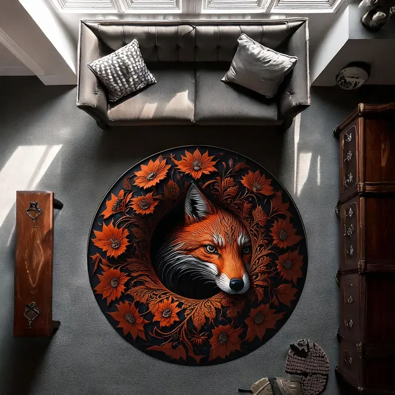 

Visual Three-dimensional Circular Carpet Fox Bear Elk Floor Mat Entrance Bedroom Bedside Sofa Carpet Home Decoration Rug